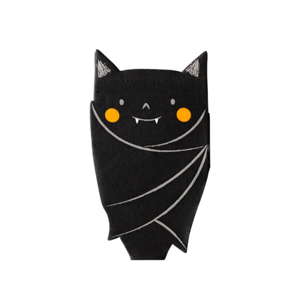 Black with orange cheeks and gray details hanging bat shaped paper napkin.