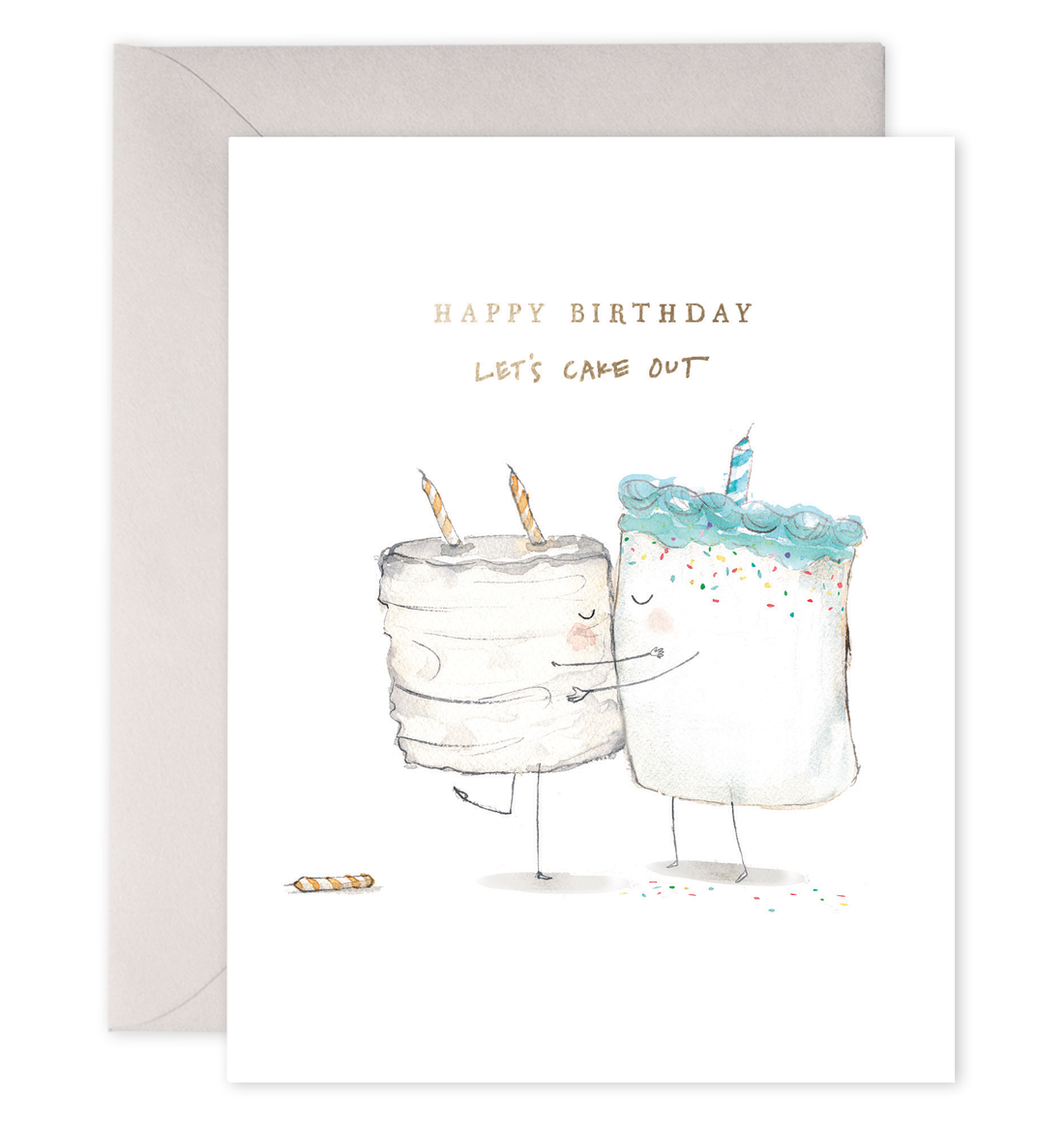 A happy birthday Cake Out Greeting Card with two marshmallows and a cake, made in the USA by E. Frances.