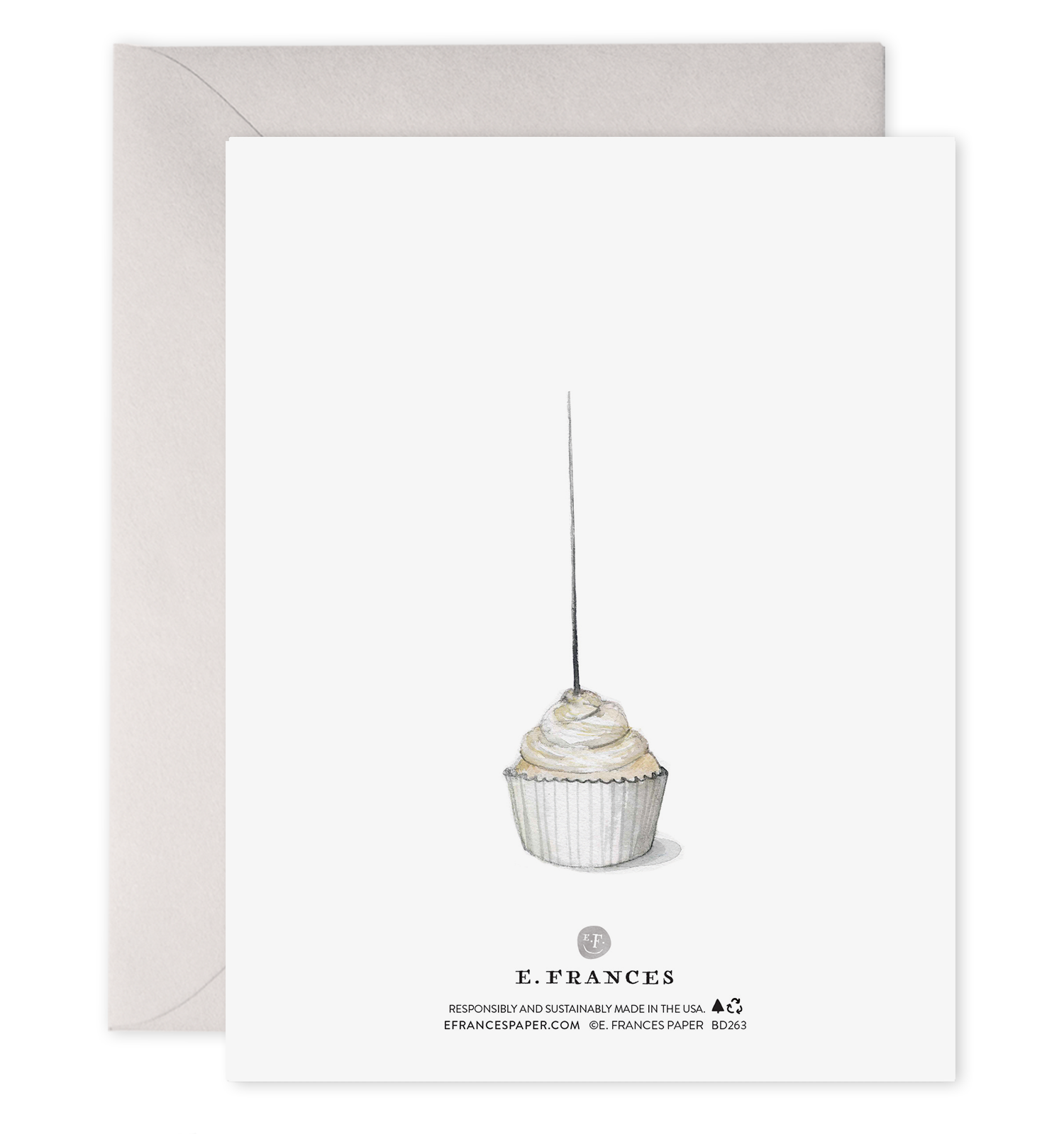 Back of card with illustration of cupcake with a burnt out sparkler on it. 