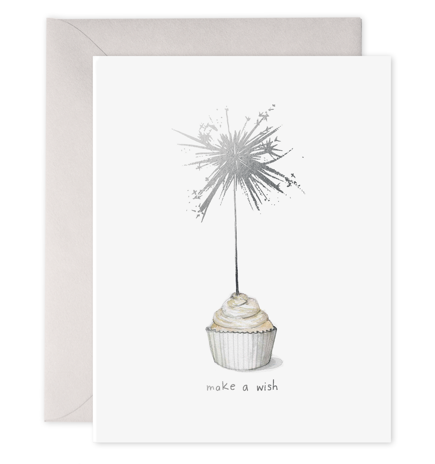 Front of greeting card with illustration of a cupcake with a sparker in it saying &quot;Make a wish&quot;