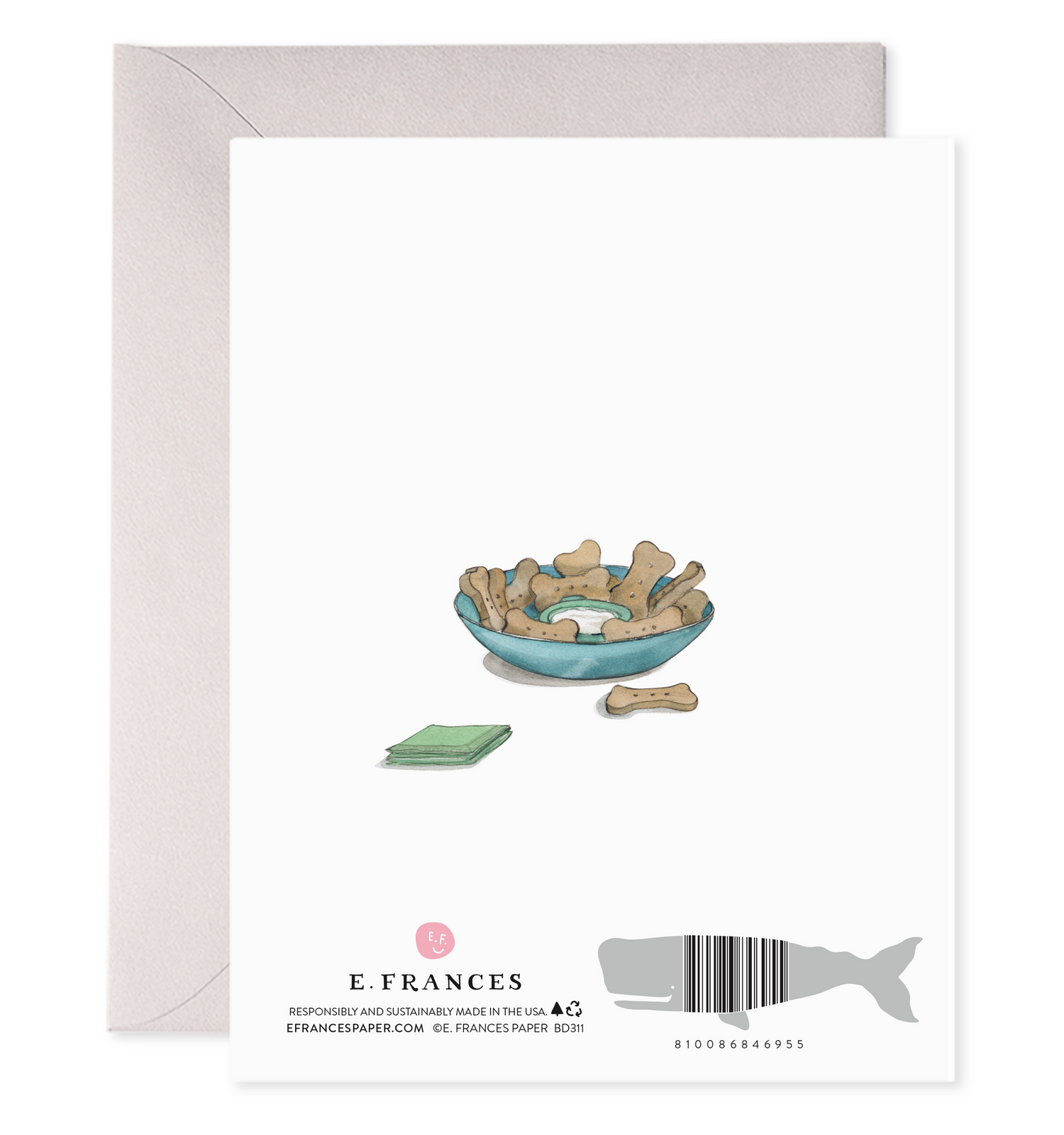 Back of card with an illustration of a bowl of dog treats made to look like a bowl of chips. 