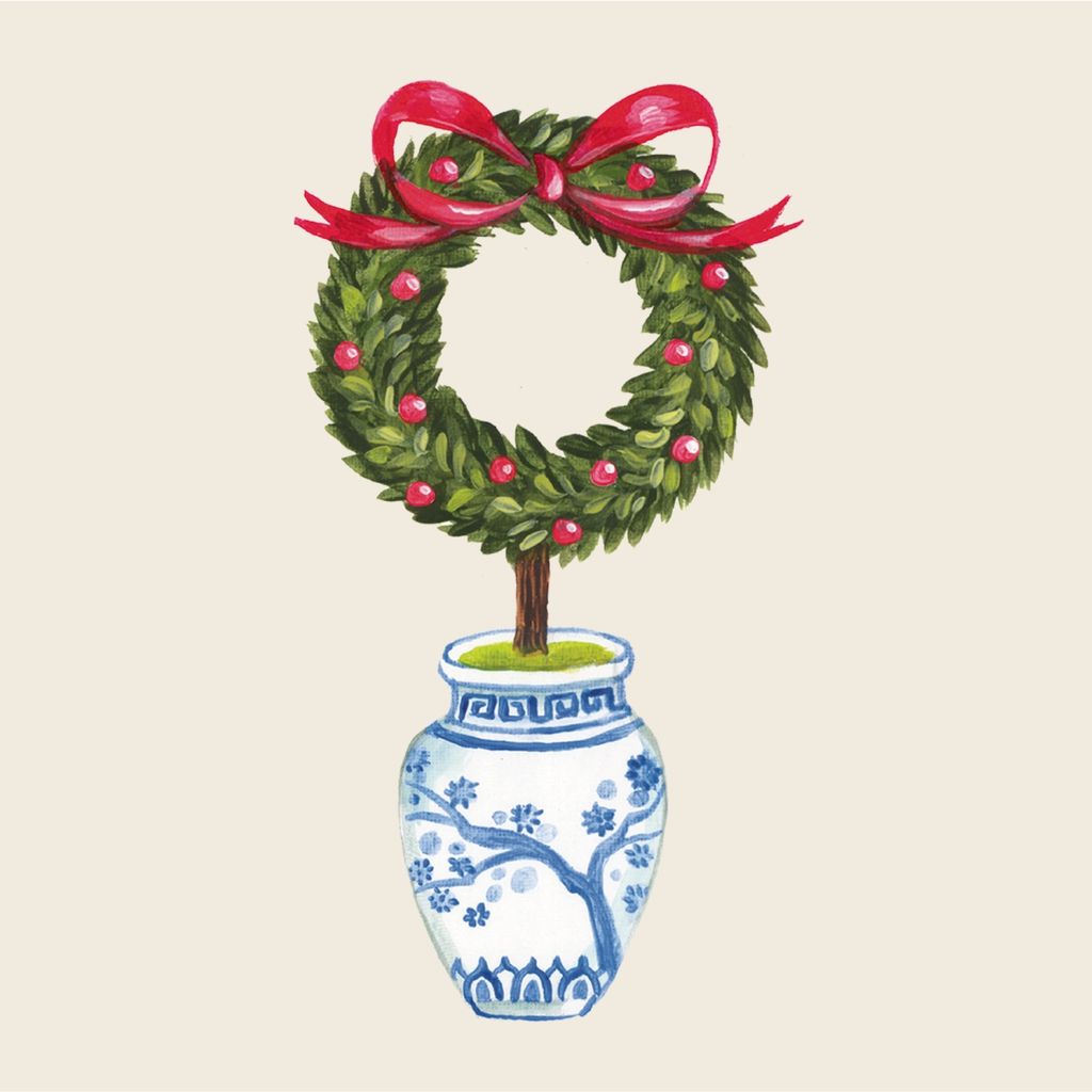 A square cocktail napkin featuring an illustrated topiary in a decorative pot with a red ribbon on a beige background.