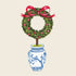 A square cocktail napkin featuring an illustrated topiary in a decorative pot with a red ribbon on a beige background.