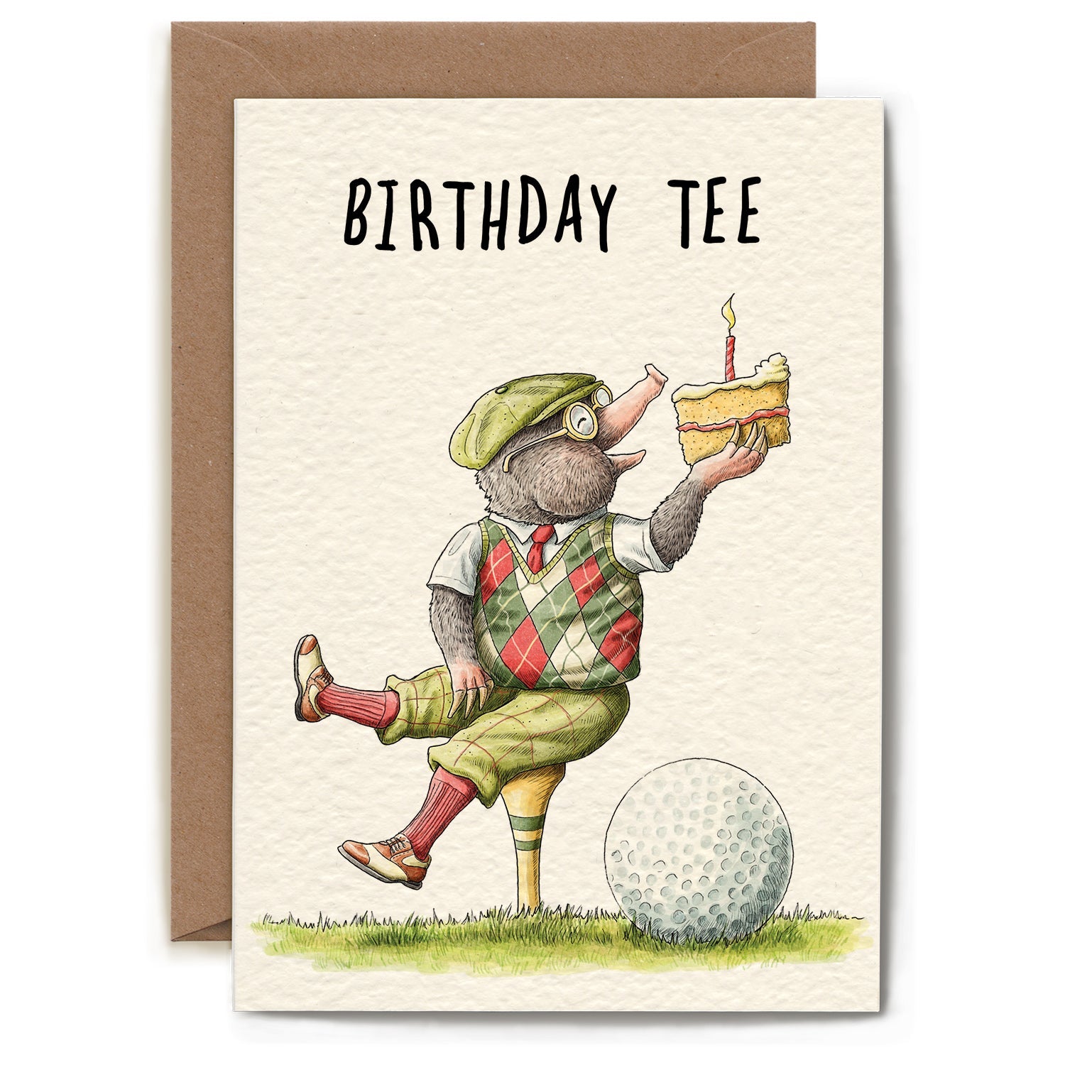A whimsical illustration of a mole dressed as a golfer, sitting on top of a tee holding a slice of cake next to a golf ball and the words "Birthday Tee" above it.