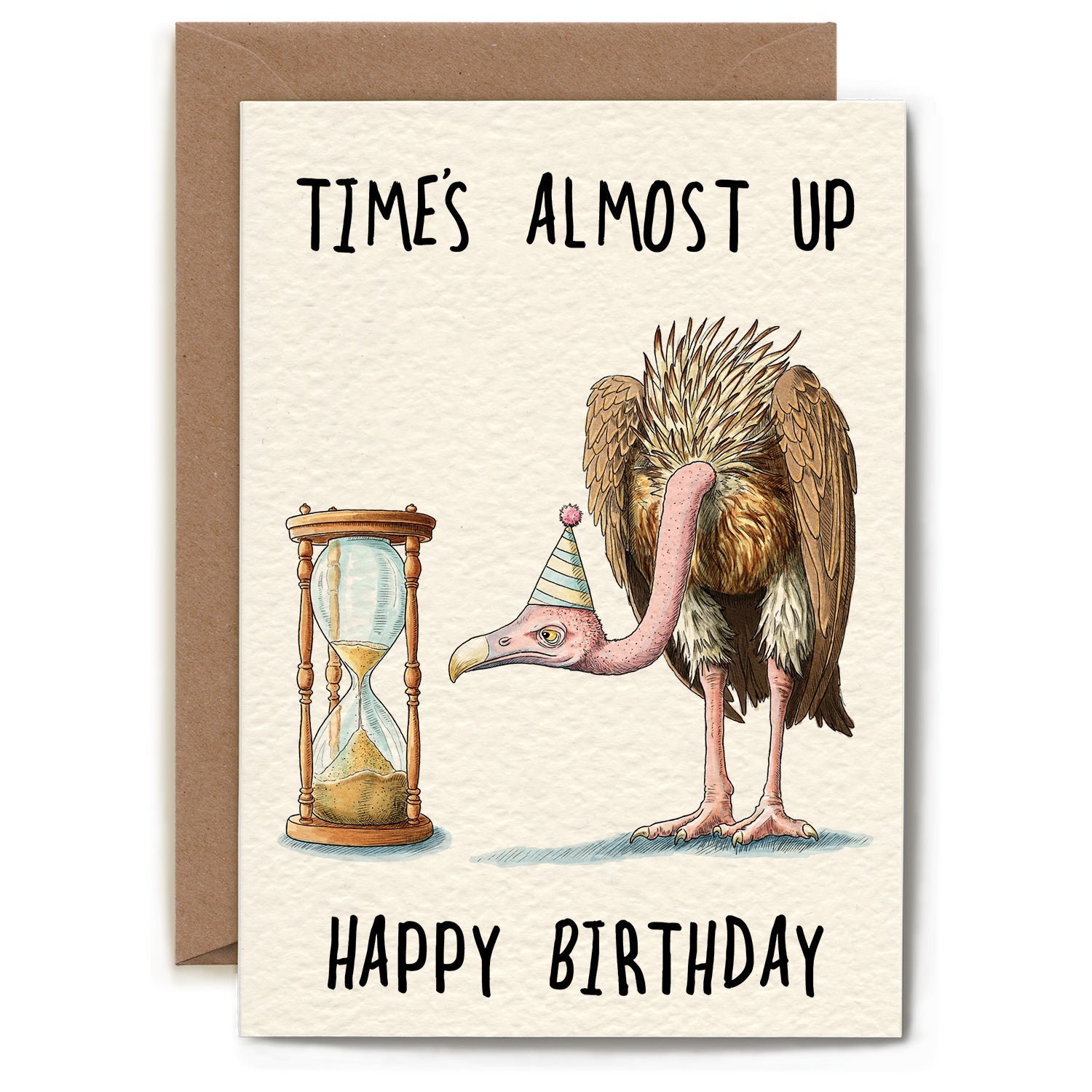 A whimsical illustration of a vulture wearing a party hat, looking at a sand timer and text that reads "TIME&