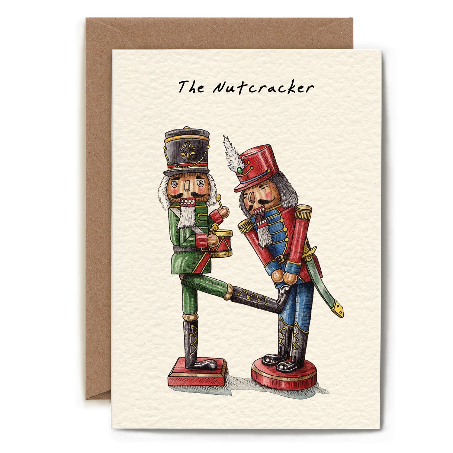 A funny illustration of two classic toy soldier nutcrackers, one of which is kicking the other in the groin under the caption &quot;The Nutcracker&quot;. 