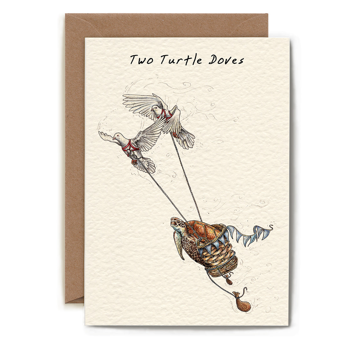 A funny illustration of two white doves in harnesses to carry a sea turtle in a basket through the air, under the caption "Two Turtle Doves".
