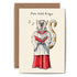 Illustration of a cat dressed in choir attire singing "five gold rings" from the "twelve days of christmas" song, featured on a Five Gold Rings Card by UK based stationery company Hester & Cook.
