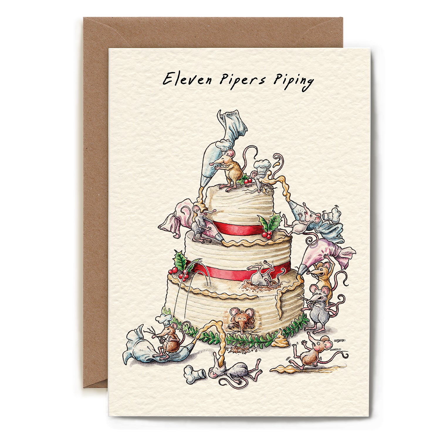 A whimsical illustration of eleven mice making a mess while attempting to frost a three-tiered cake.