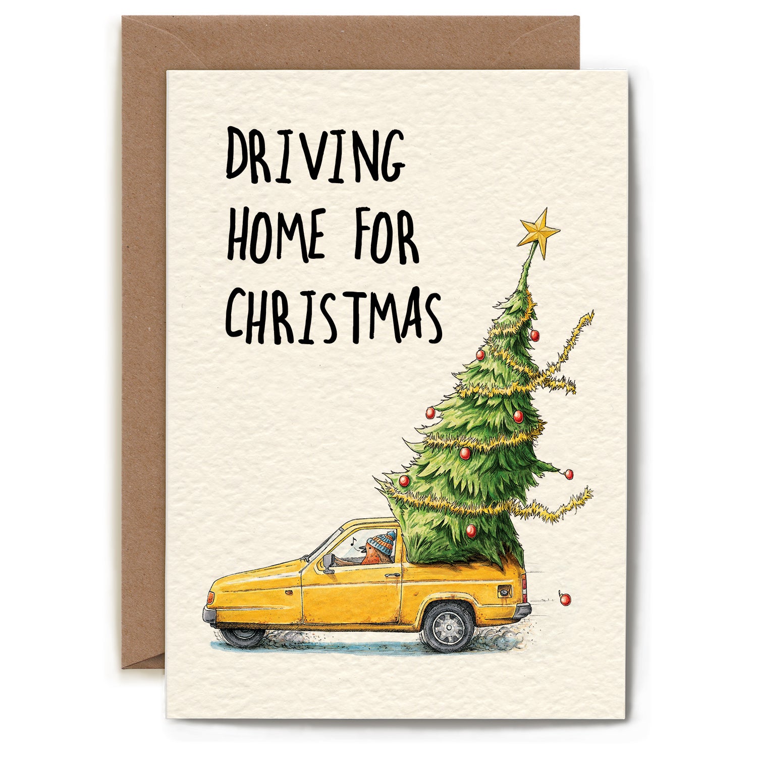 An illustration of a singing bird with a beanie on, driving a yellow car with a Christmas tree coming sticking out of the trunk and the words "Driving home for Christmas".