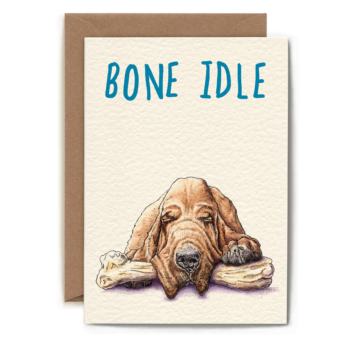 Greeting card featuring a sleeping dog with the pun &quot;bone idle&quot; written at the top, perfect stationery for your partner. Get the Bone Idle Card by Hester &amp; Cook.