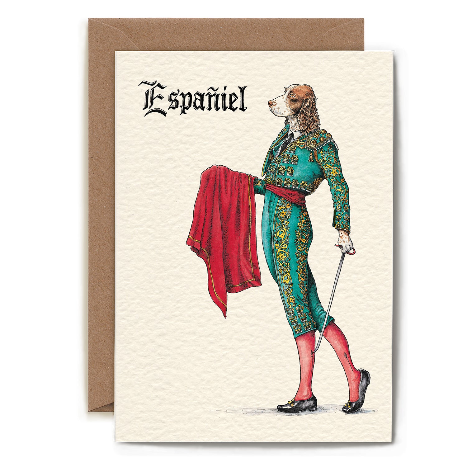 A Hester &amp; Cook Españiel Card featuring an illustration of a Spanish dog.