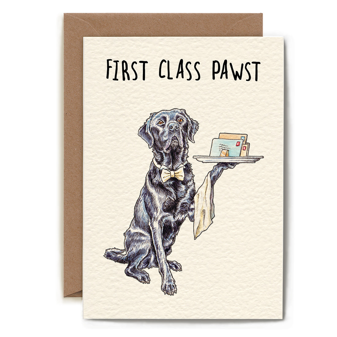 A First Class Pawst Card from Hester &amp; Cook with a drawing of a dog holding a tray.
