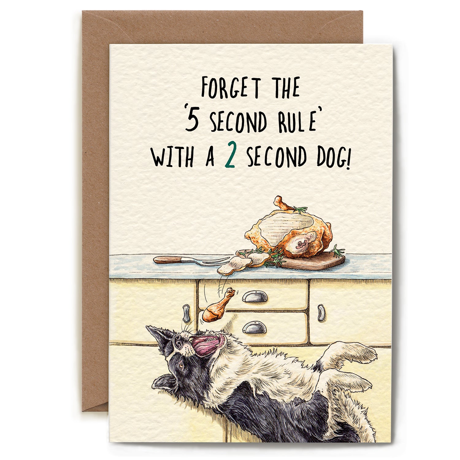 A whimsical illustration of a roasted turkey on a kitchen counter, the leg of which is falling into the open mouth of an Australian shepherd dog, with the caption &quot;Forget the &