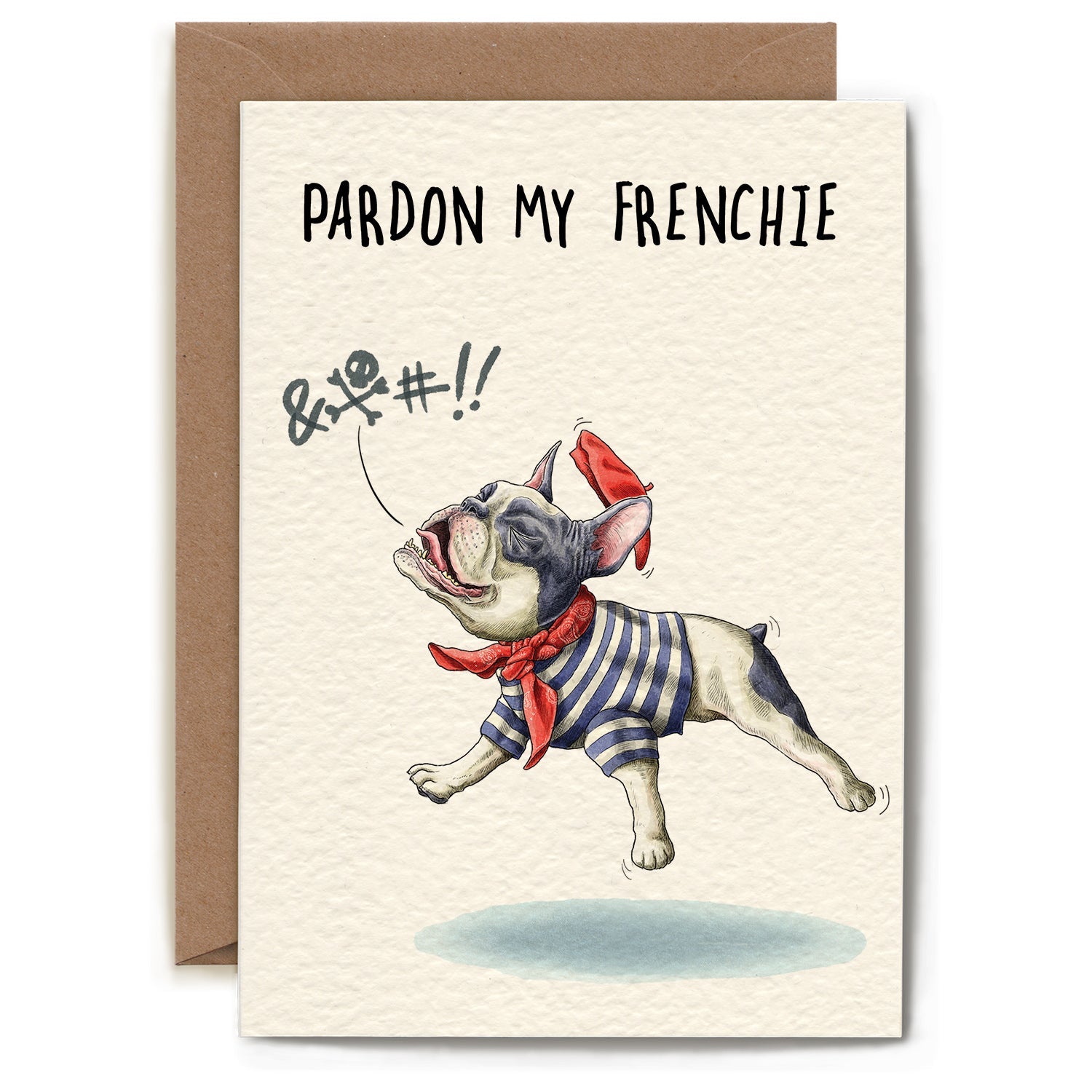 A whimsical illustration of a Frenchie wearing a striped shirt, a beret and ascot with text of symbols.