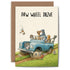 A whimsical illustration of dogs riding in a truck on a dirt road and text that reads "PAW WHEEL DRIVE".