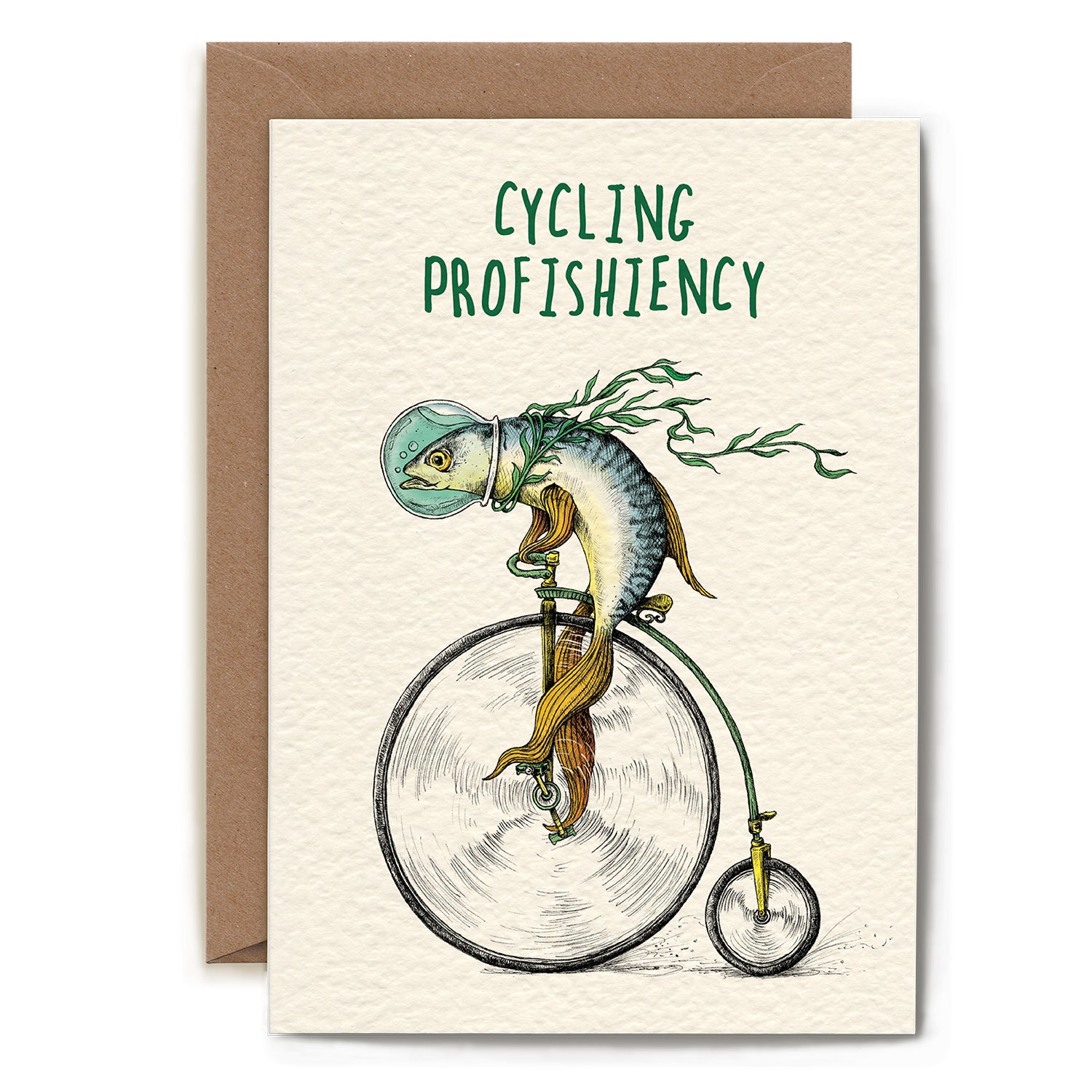 An illustrated blank Cycling Profishiency Card from Hester &amp; Cook stationery, a UK based company, featuring a whimsical depiction of a fish riding an old-fashioned penny-farthing bicycle with the caption &quot;C