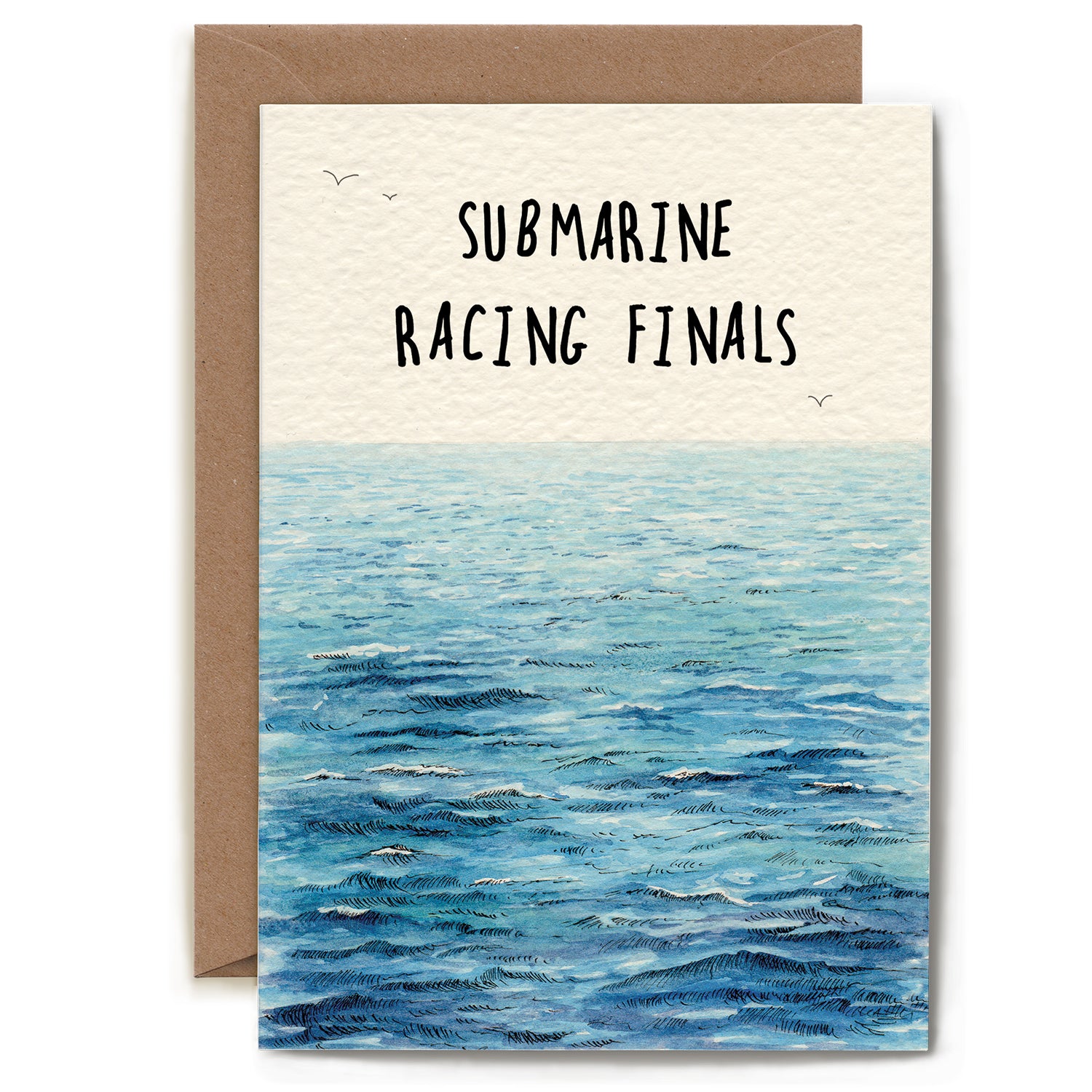 Cheeky and witty animal illustrations adorn the Hester &amp; Cook Bewilderbeest Submarine Racing Card for the thrilling submarine racing finals.
