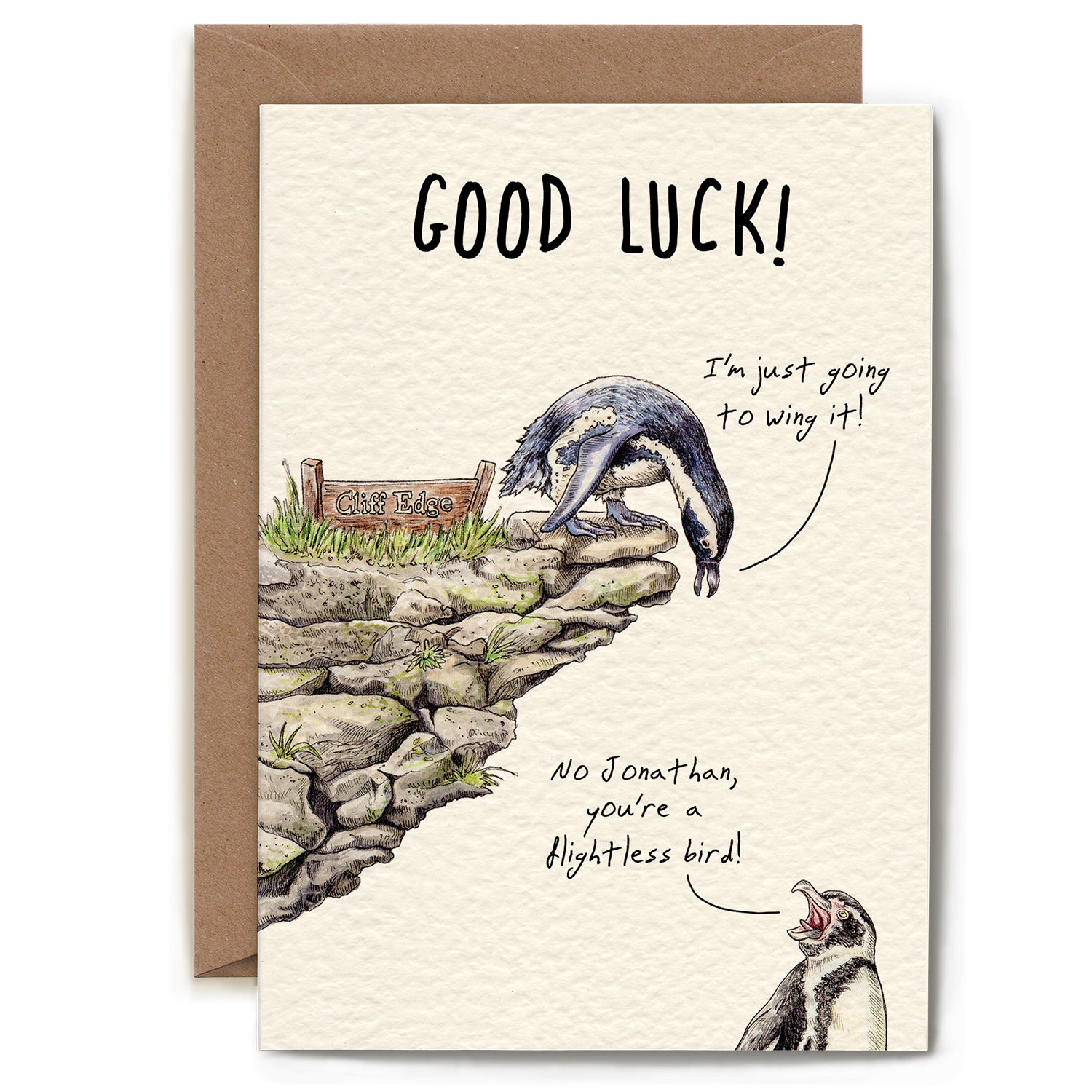 A Flightless Bird card featuring two penguins on a cliff, offering good luck. (Brand: Hester &amp; Cook)