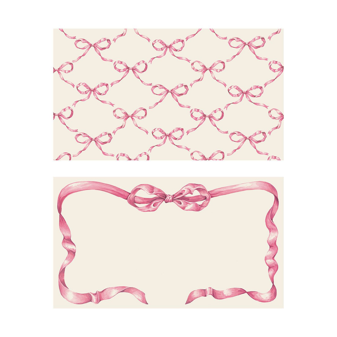 Two illustrated note card designs on a cream background. The top card features an all-over, repeating lattice pattern made of delicate, tied pink ribbons. The bottom card has a clean layout featuring a large pink ribbon centered at the top, with its long, wavy tails framing the edges of the card to form an elegant border around the blank writing space.