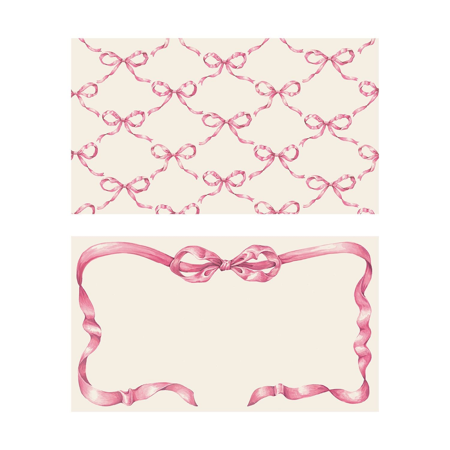 Two illustrated note card designs on a cream background. The top card features an all-over, repeating lattice pattern made of delicate, tied pink ribbons. The bottom card has a clean layout featuring a large pink ribbon centered at the top, with its long, wavy tails framing the edges of the card to form an elegant border around the blank writing space.