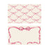 Two illustrated note card designs on a cream background. The top card features an all-over, repeating lattice pattern made of delicate, tied pink ribbons. The bottom card has a clean layout featuring a large pink ribbon centered at the top, with its long, wavy tails framing the edges of the card to form an elegant border around the blank writing space.