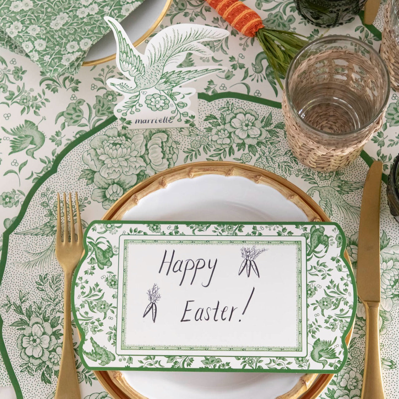 A Hester &amp; Cook Green Regal Peacock Table Card with a happy Easter sign.