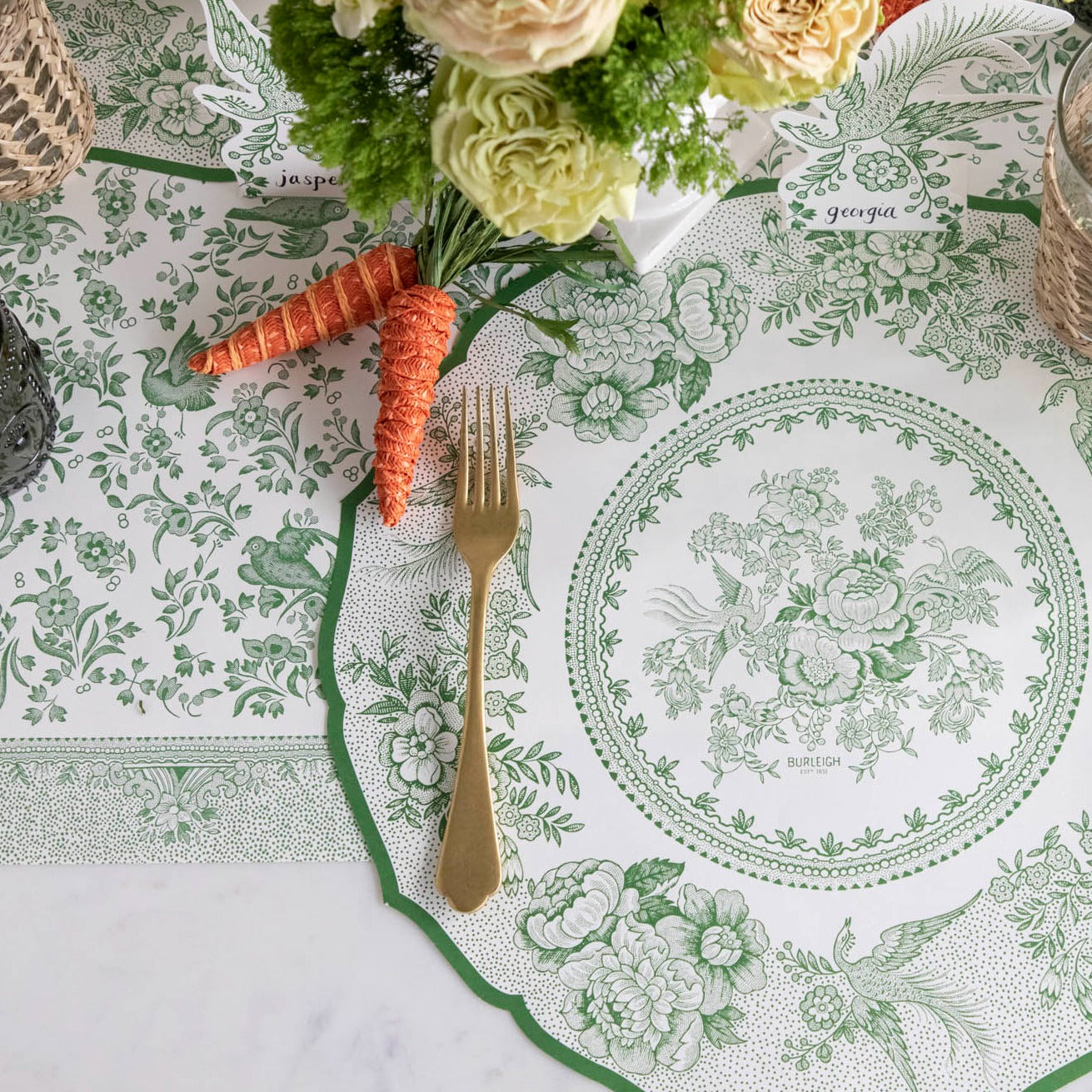 The Green Regal Peacock Runner under an elegant springtime place setting sans plate, from above.