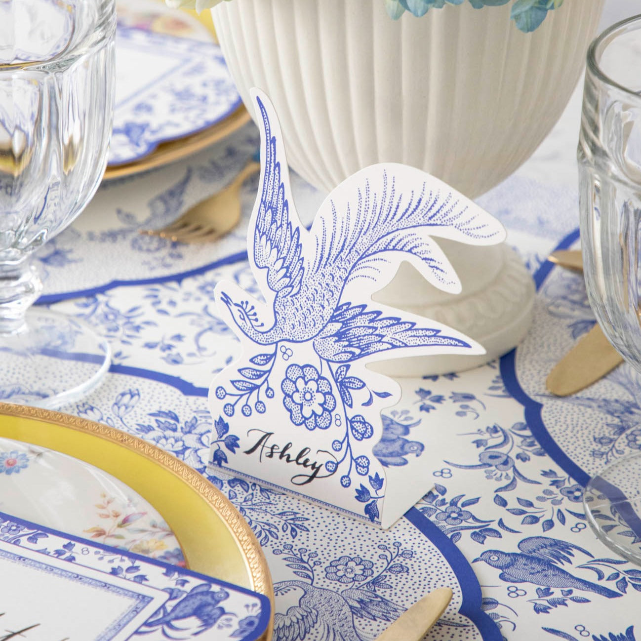 A Hester &amp; Cook Blue Asiatic Pheasants Place Card collaboration table setting with place cards.