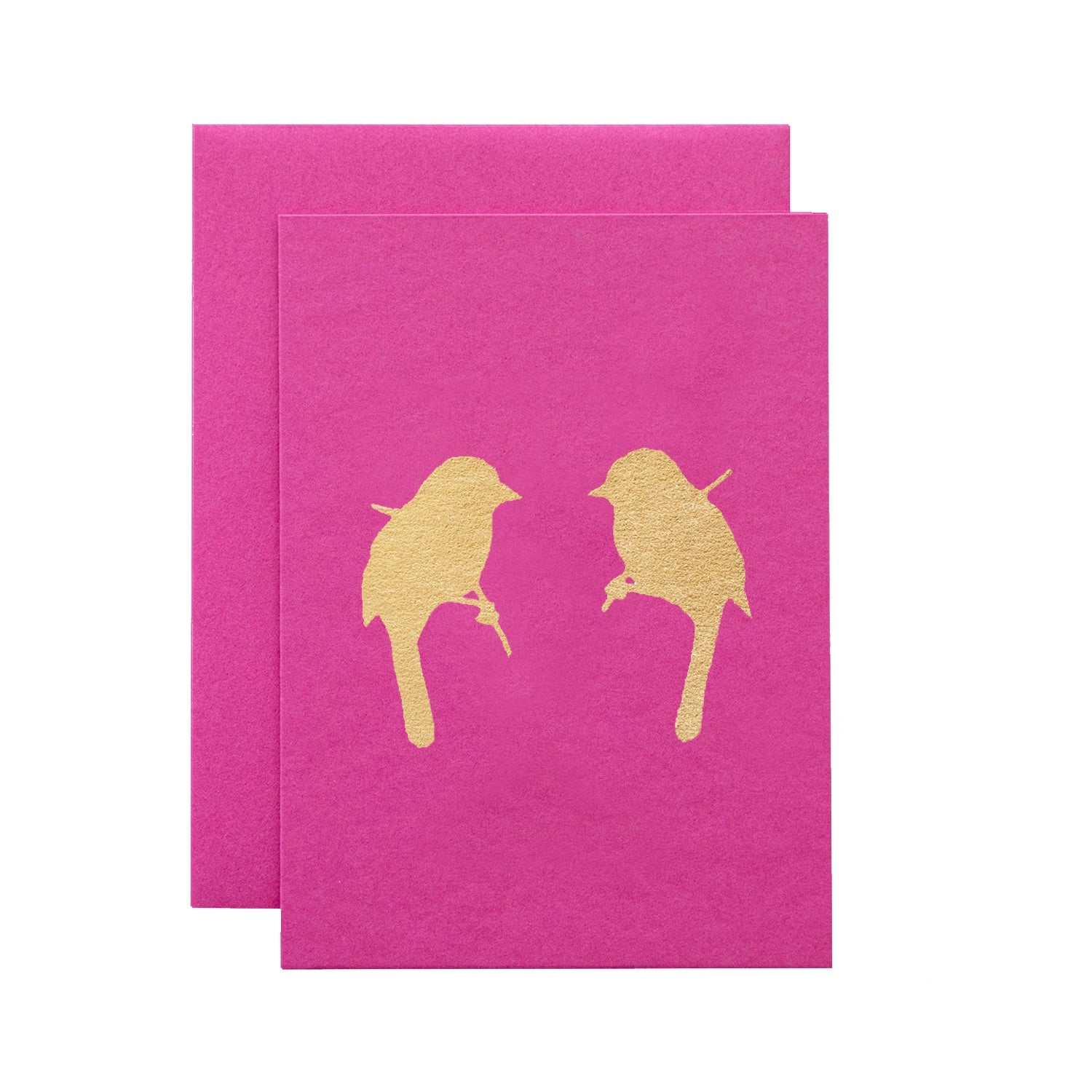 Hand-crafted Pink Songbirds Card featuring two gold birds on a pink card by Hester &amp; Cook.