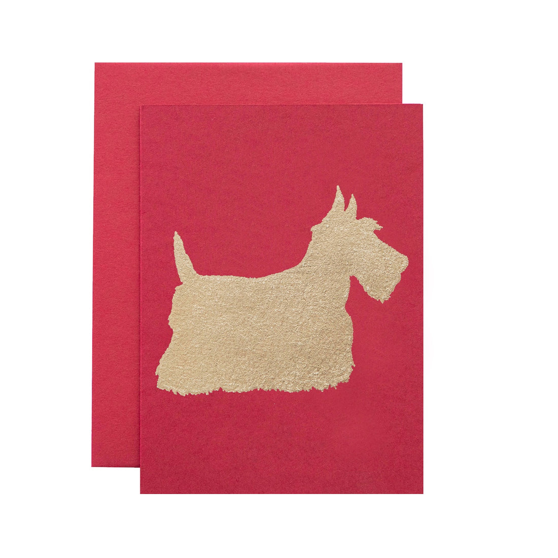 A red card featuring the silhouette of a scottie dog in solid gold leaf.
