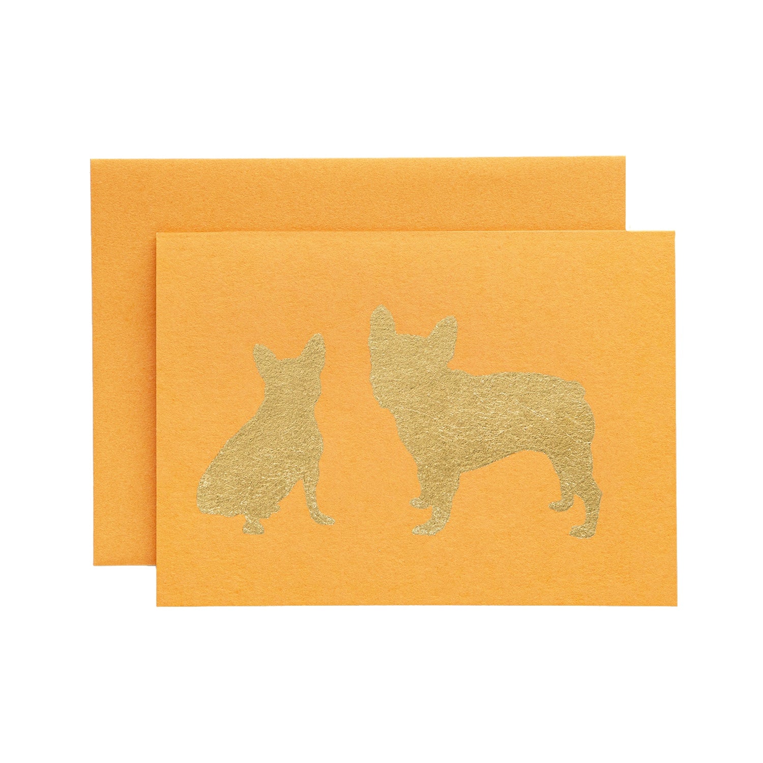 A bright orange card featuring the silhouette of two frenchie dogs, one sitting one standing, in solid gold leaf.