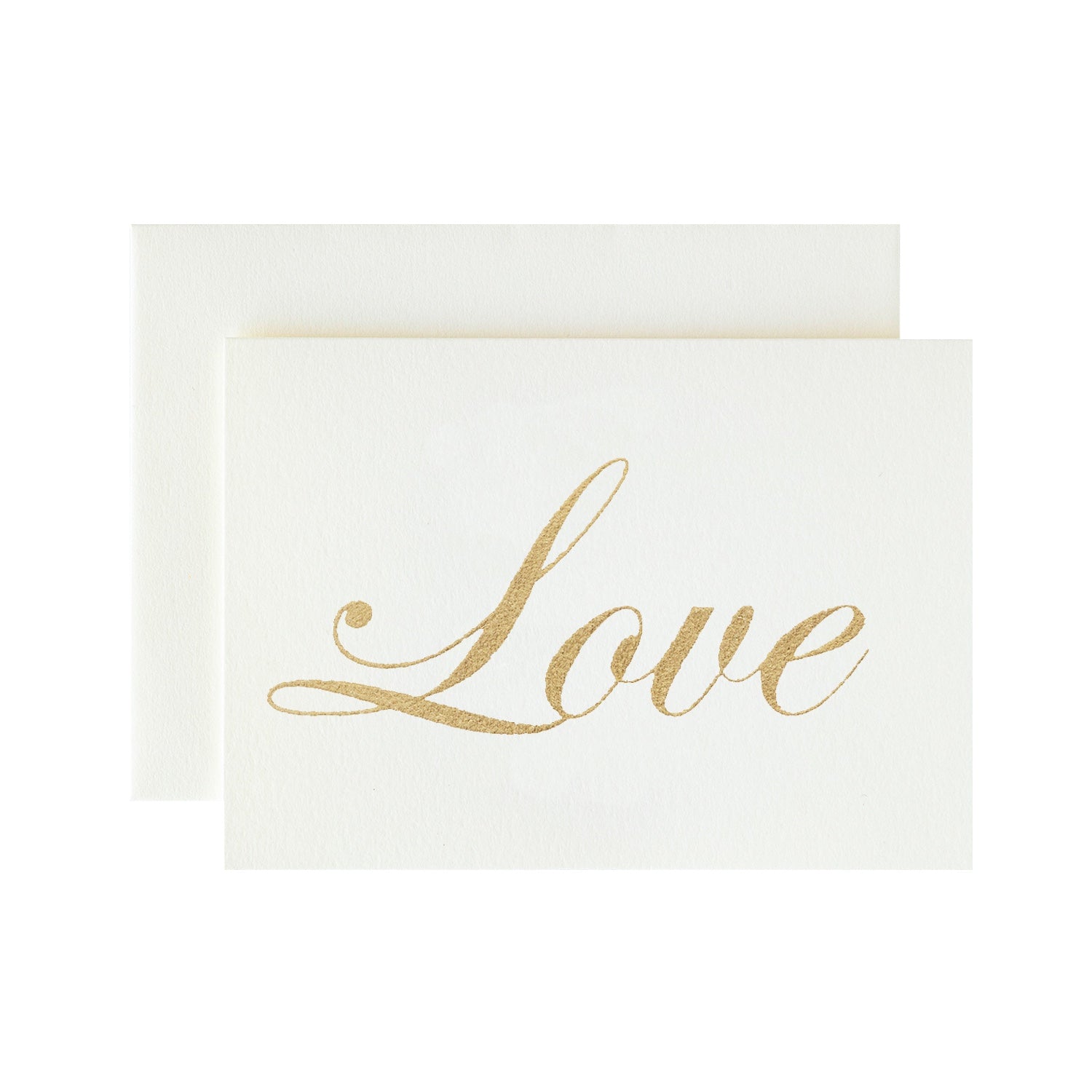 A hand-crafted Ivory Love Card adorned with the word love in gold foil, perfect for home goods or as exquisite gold leaf stationery made by Hester &amp; Cook.