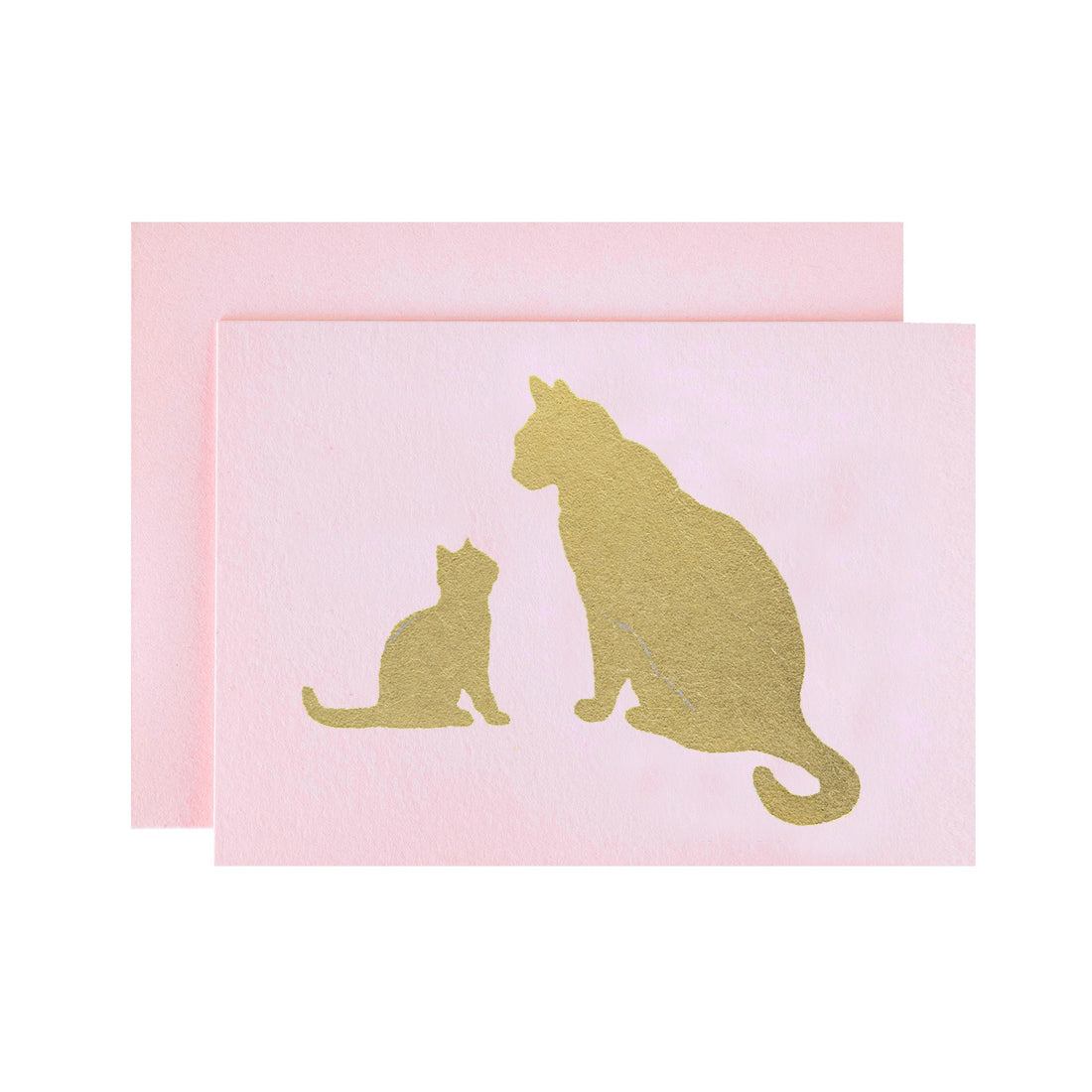 A light pink card featuring the silhouette of a cat and a kitten sitting together in solid gold leaf.