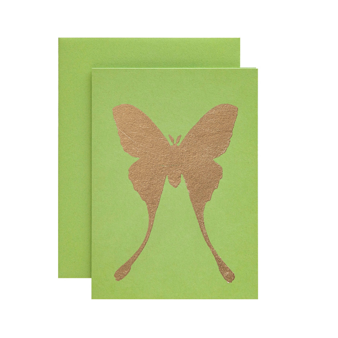 A lime green card featuring the silhouette of a moth with long trailing wings in solid gold leaf.