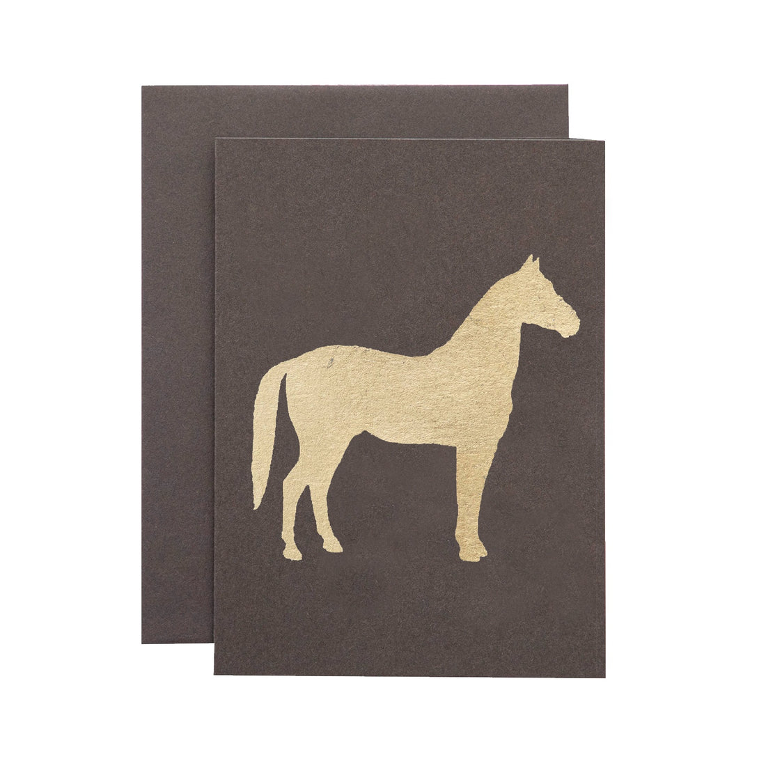 A dark brown card with the silhouette of a horse in solid gold leaf.