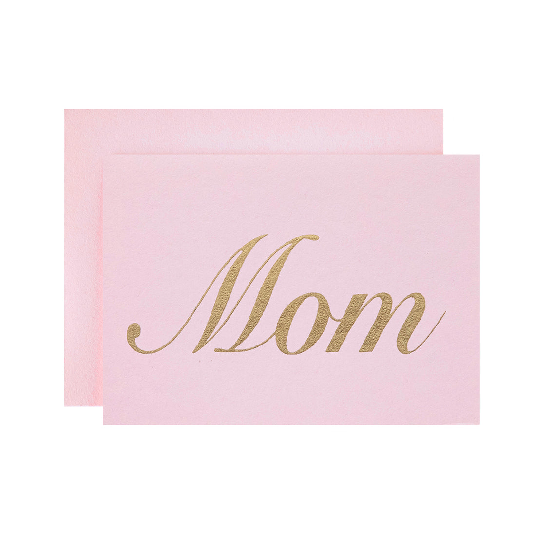 Light Pink Mom Card by Catherine Greenup of the word "Mom" in gold foil lettering, on a light pink card with a matching envelope.