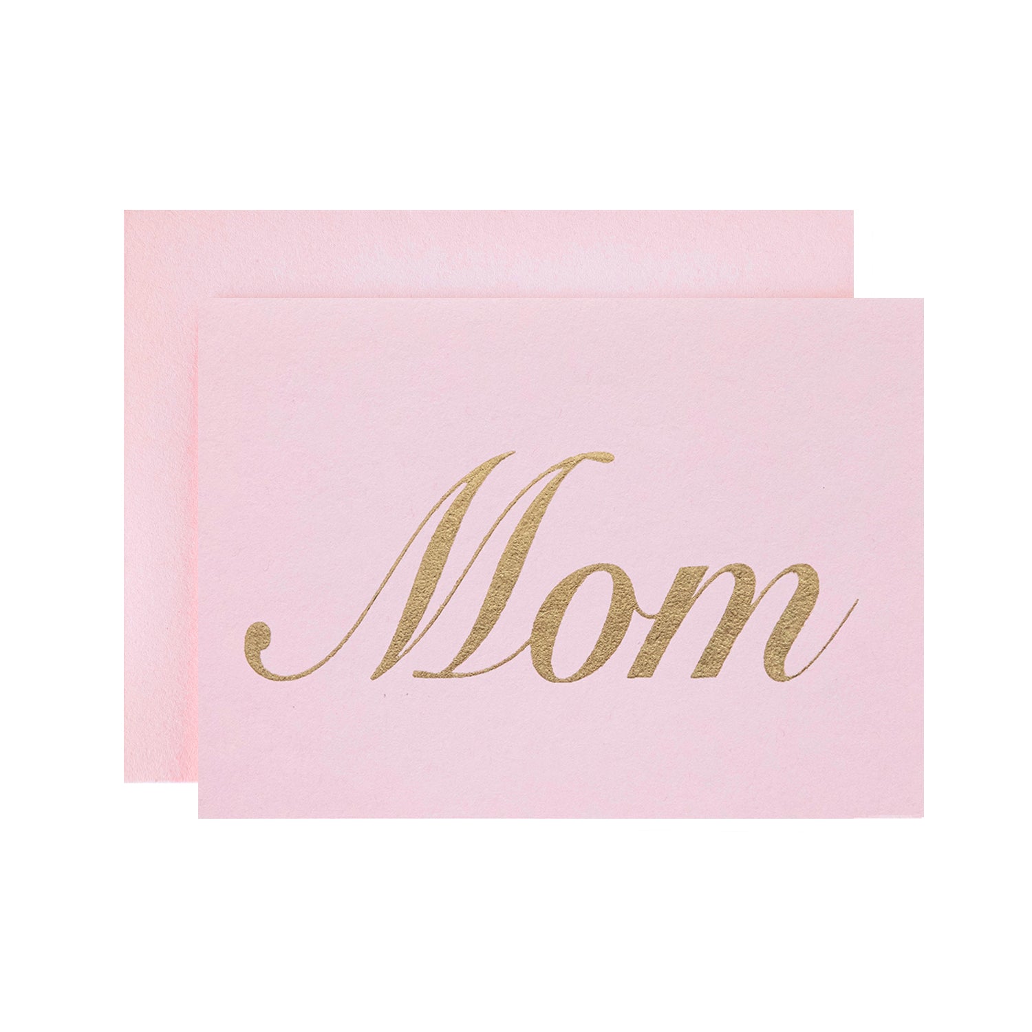 Light Pink Mom Card by Catherine Greenup of the word "Mom" in gold foil lettering, on a light pink card with a matching envelope.