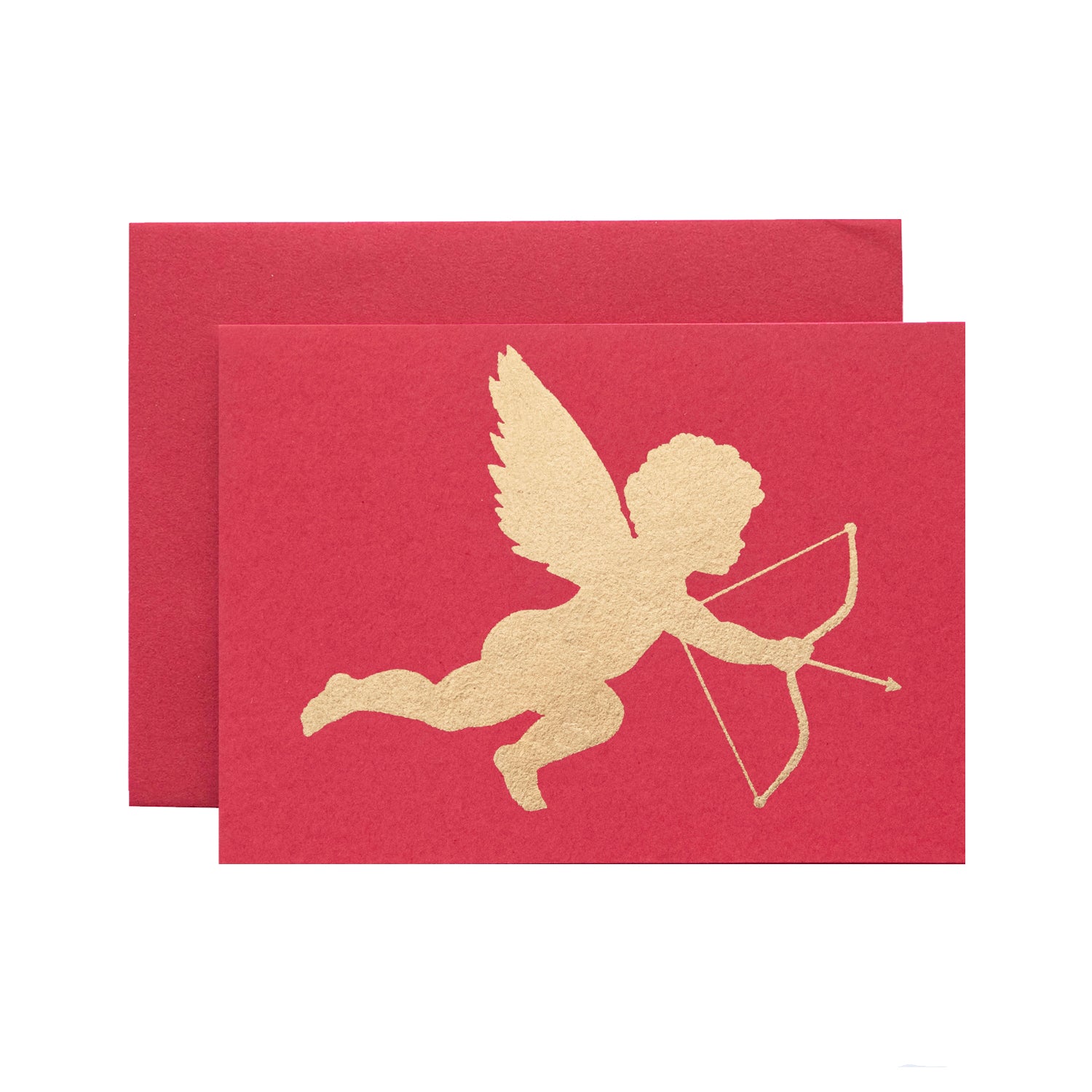 Red Cupid Card by Catherine Greenup of a silhouette of cupid in gold-foil, on a red card with a matching envelope.