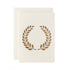 A gold-leaf laurel wreath against a cream card with a matching cream envelope.