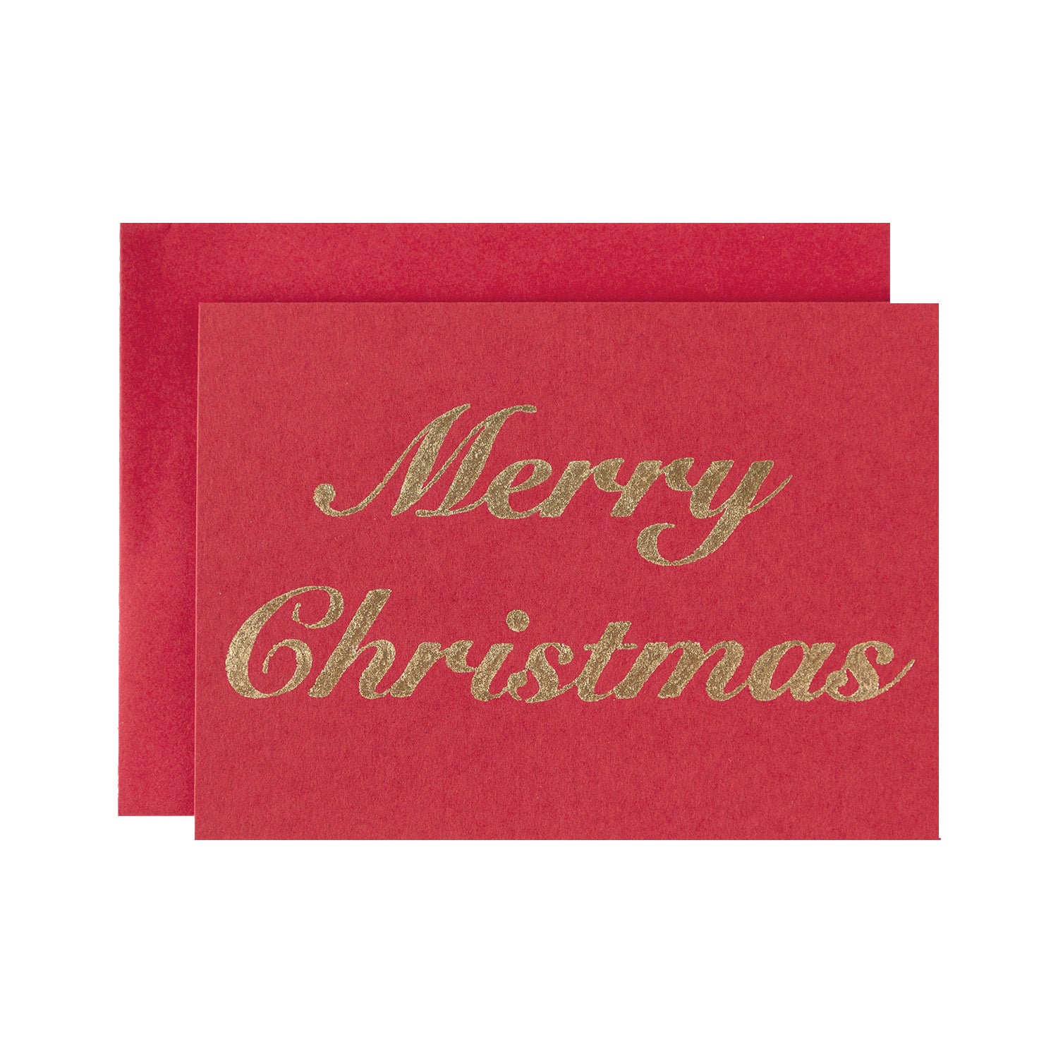 Text that reads "Merry Christmas" in gold leaf, on a red card with a matching envelope.