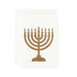 A gold leafed Menorah on an ivory card with a matching envelope.