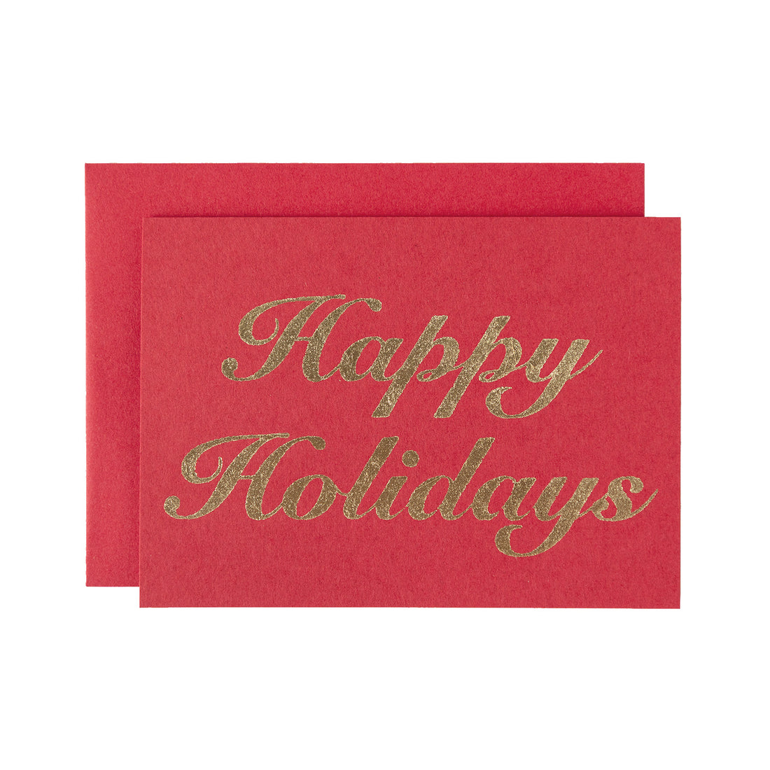 "Happy Holidays" in gold foiled text on a red card with a matching envelope.