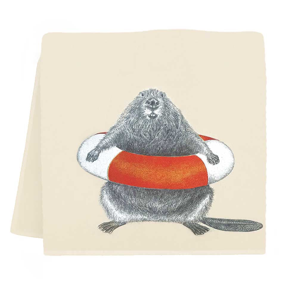 Illustration of a beaver with a lifebuoy on an Eric &amp; Christopher Ford Beaver Tea Towel.