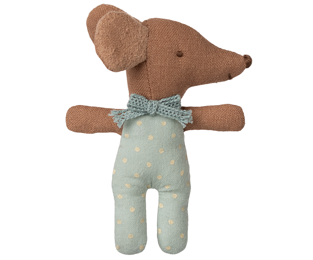 Stuffed toy mouse with a knitted bow tie and patterned outfit on a white background.