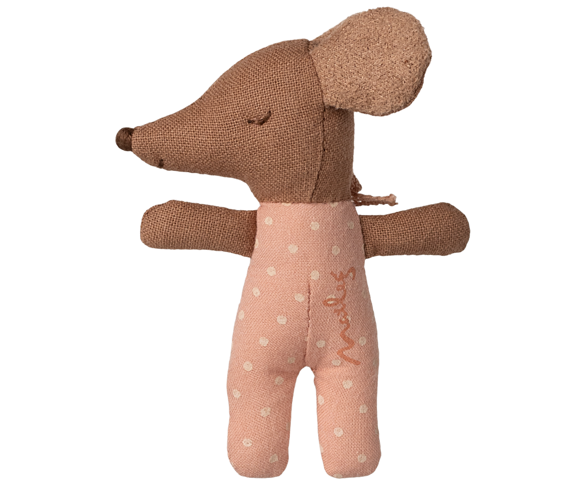 Brown plush  mouse toy with a pink outfit featuring the brand name on a white background. 