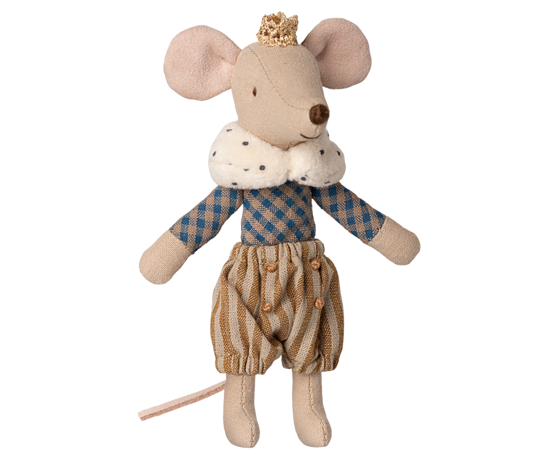Stuffed toy mouse in a prince outfit with a crown on a white background.