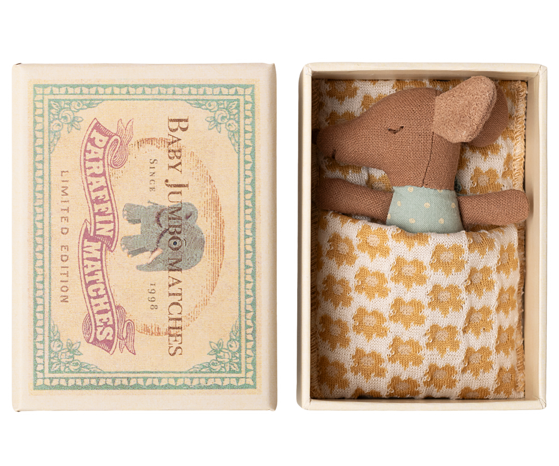 Small stuffed mouse toy in a decorative matchbox with &