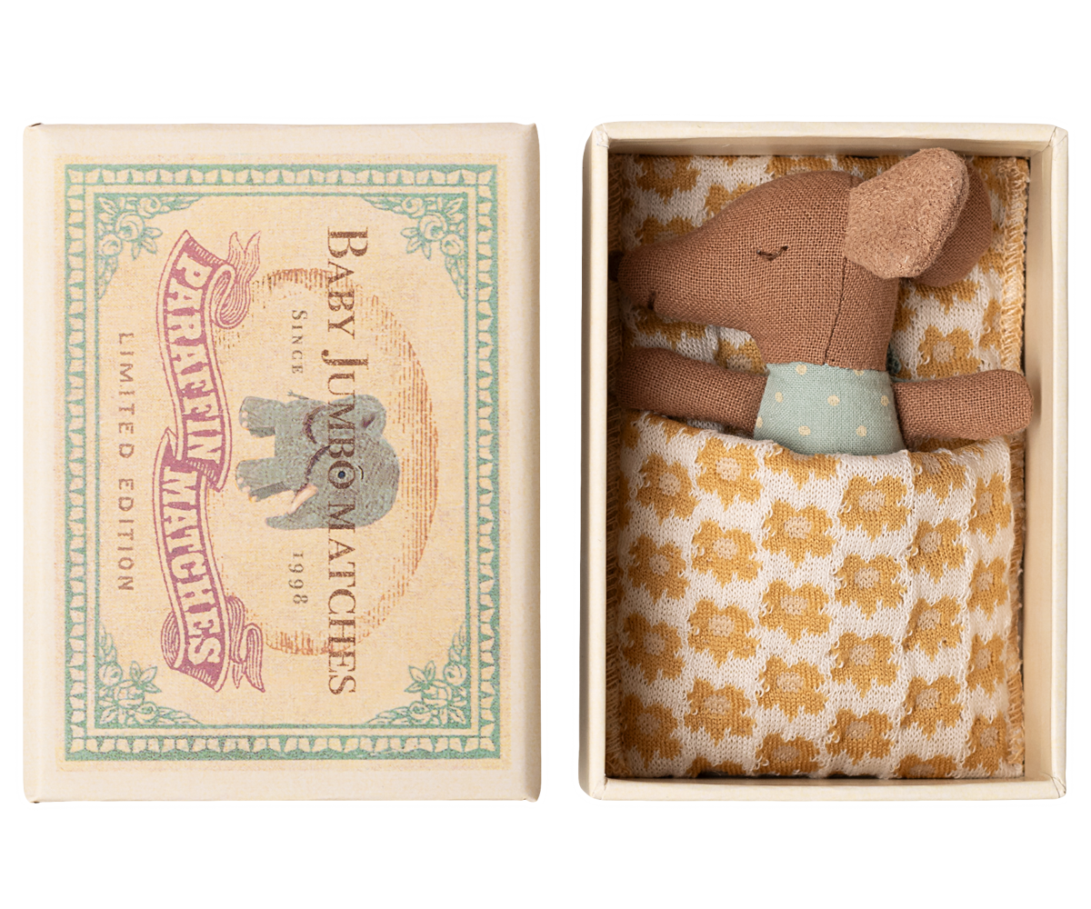 Small stuffed mouse toy in a decorative matchbox with &