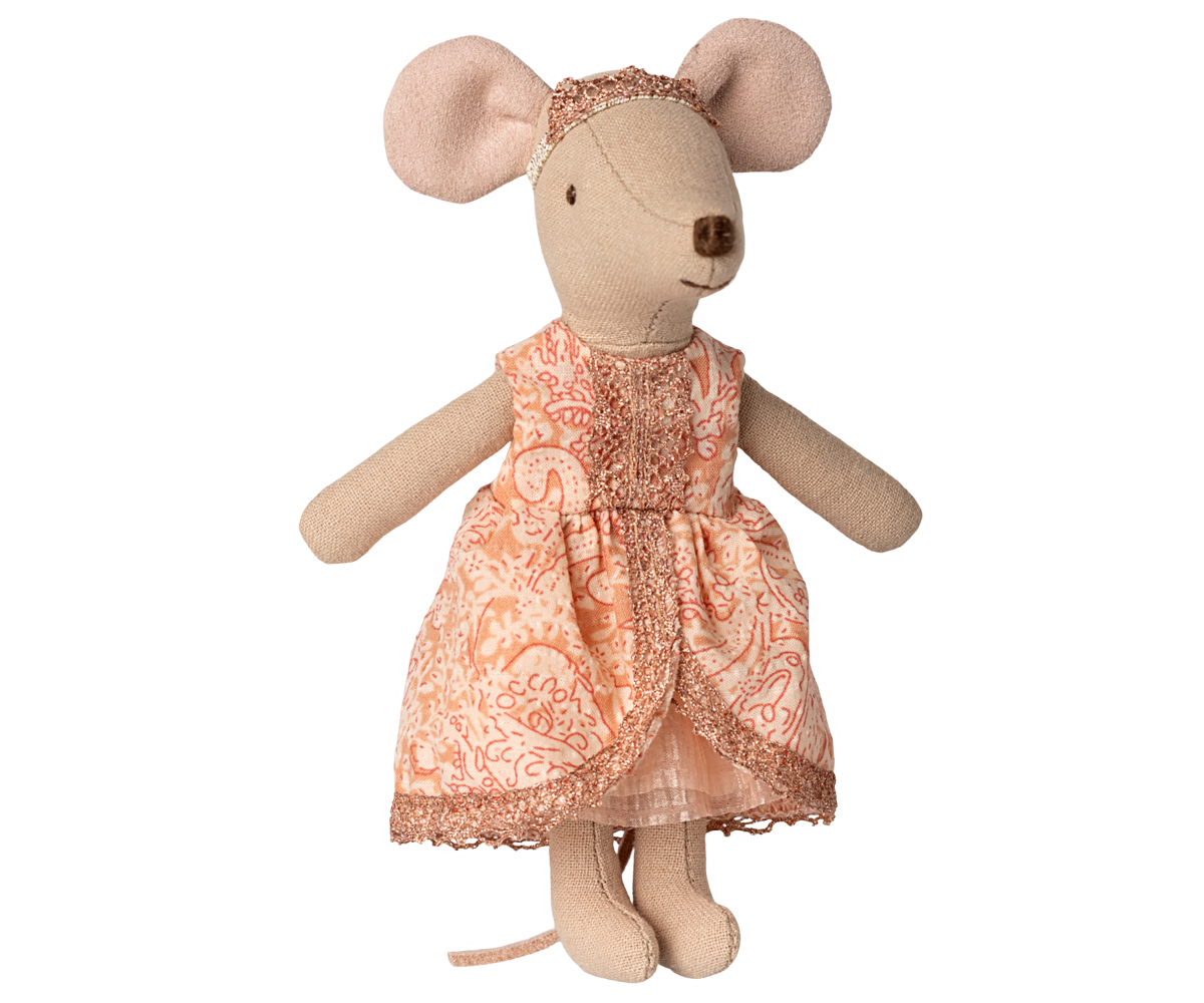 Stuffed mouse toy wearing a patterned dress on a white background.
